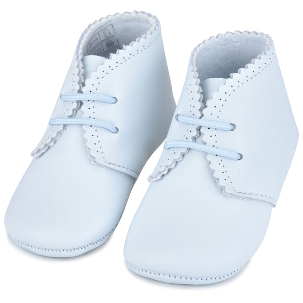 Baby Shoe .com - Leather Blue Ribbon Lace Ups - Personalized Baby Boy Gifts - Leather for Male Infant: White & Blue