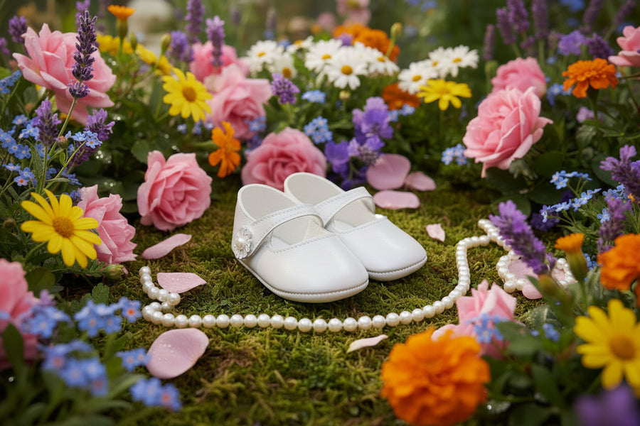 White shoes with a strap on a beige surface