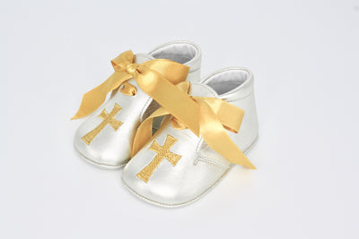 Silver Leather Gold Cross With Gold Ribbon Laces