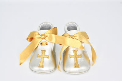 Silver Leather Gold Cross With Gold Ribbon Laces