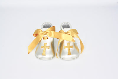 Silver Leather Gold Cross With Gold Ribbon Laces
